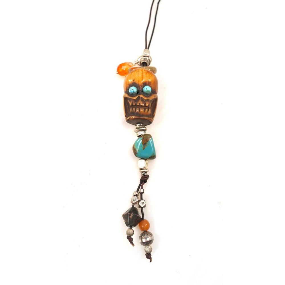 Tibetan Yak Bone Carved Skull Turquoise Carnelian Jasper Sterling Silver Bead